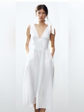 ZARA POPLIN WHITE MIDI DRESS WITH SELF TIES BOWS POCKETS S